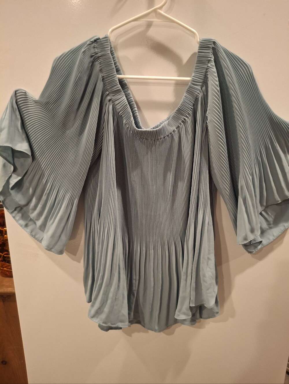 Vince Camuto Light Blue Pleated Off-Shoulder Blouse